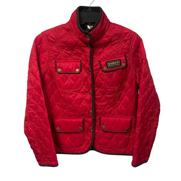 Barbour International Red Quilted Corduroy Trim Snap Button Barn Jacket Womens 8 - Picture 1 of 8
